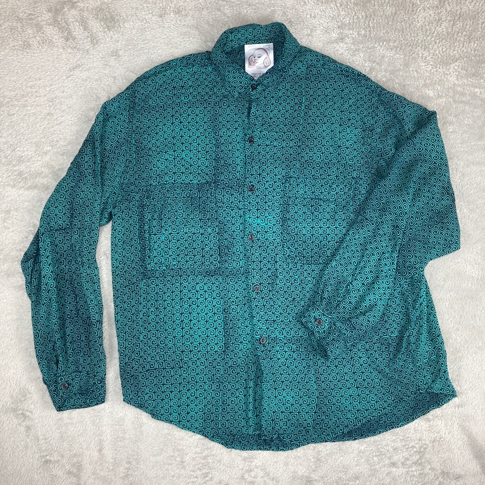 Vintage Whats Happening Primitive Beat Shirt Mens Small‎ Teal Geometric Rayon